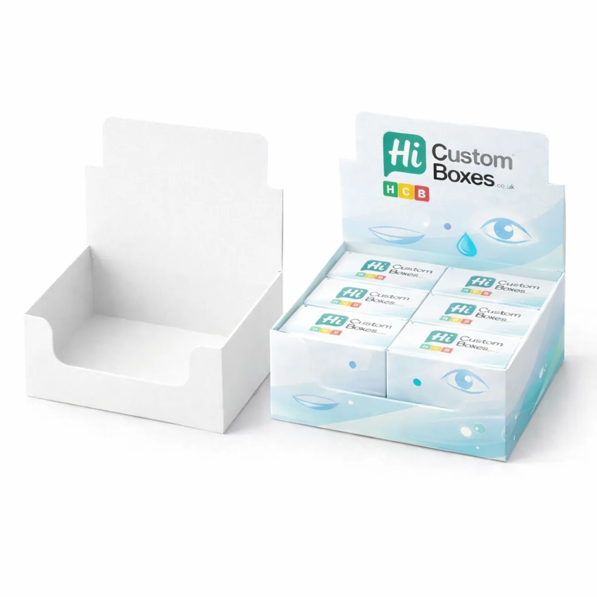Cardboard counter display units- one blank and one filled with small branded contact lens boxes in blue- class=